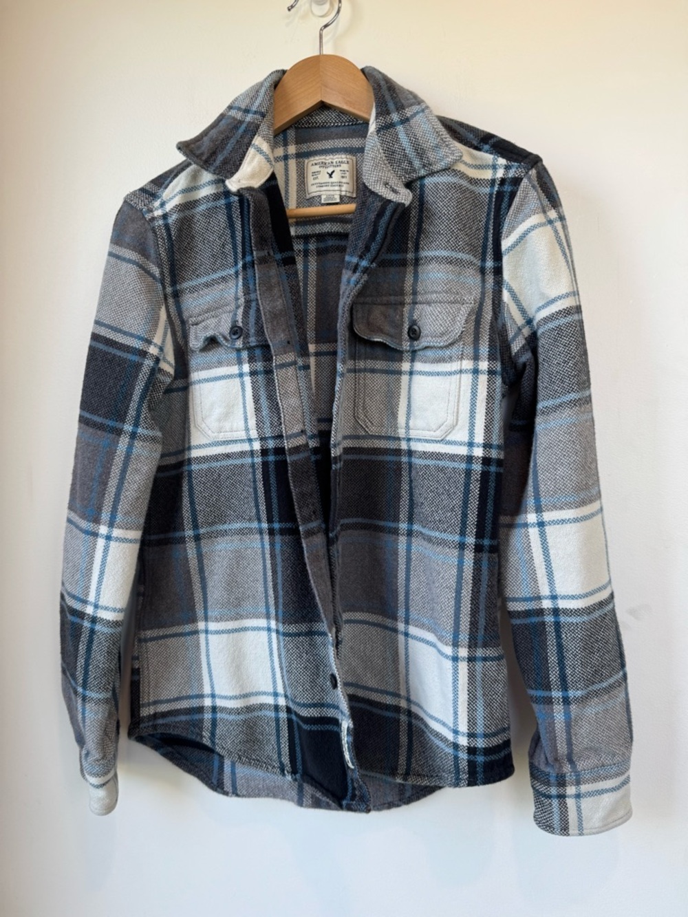 American Eagle Outfitters Gray & Blue Plaid Lightweight Shirt Jacket